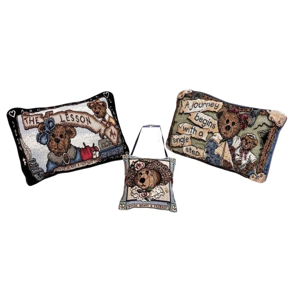 Boyds Bears & Friends Needlepoint 3 PC Pillow Set Teddy Bear Decor Cottagecore